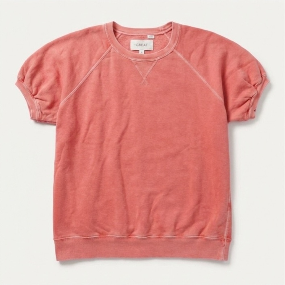 THE GREAT. Short Sleeve Pullover Sweatshirt in Coral